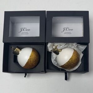 J. Crew 2 In Box White Ceramic Gold Glitter Ornaments Elevated‎ Holiday Decor